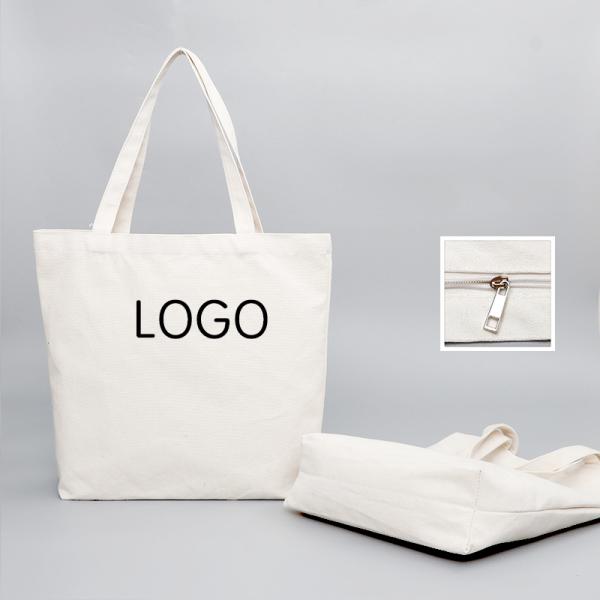 Grocery Customized Logo Printed Recycle Plain Organic Cotton Canvas Tote Shopping Bags with Zipper