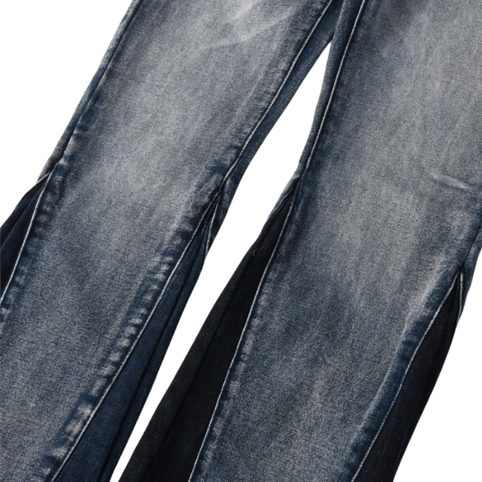 Flare Patchwork Denim Jeans Mid Rise Streetwear Denim Pants With Whisker Detailing