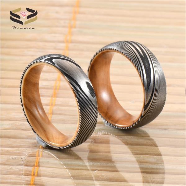 Anneaux de mariage d'acier de Damas, manches en bois d'olivier, incrustées, 6 mm, 8 mm, cadeau de Noël