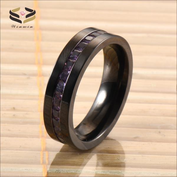 Bagues de mariage en titane avec incrustation de pierre CZ violette, bords plats plaqués noir pour hommes, 6MM