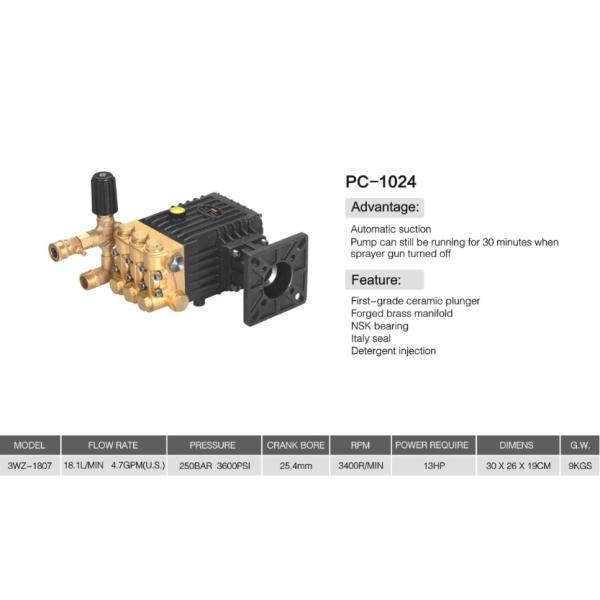 FLOWMONSTER gasoline/diesel engine driven washer pump PC-1024 brass high pressure triplex plunger pump 250Bar 18LPM
