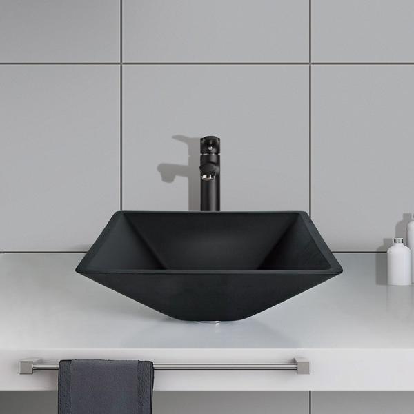 142mm Acid Matt Black Basin Square Funnel Shape Tempered Bathroom