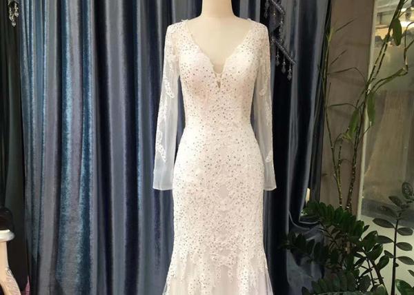 Deep V Neck Mermaid Style Prom Dress / Long Sleeve See Ivory Lace Evening Gown