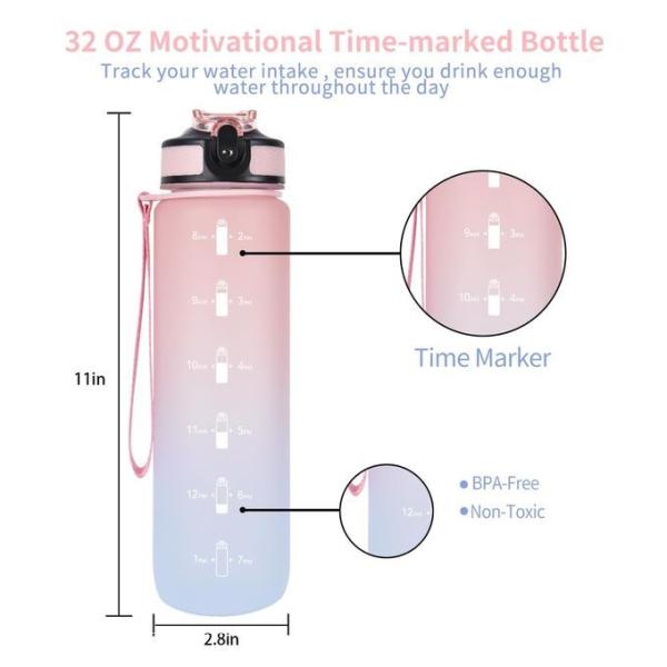 Botella de agua de Tritán a prueba de fugas botella de agua de 32 oz con marcador de tiempo libre de BPA asegúrese de beber suficiente agua para gimnasio acampar deportes al aire libre