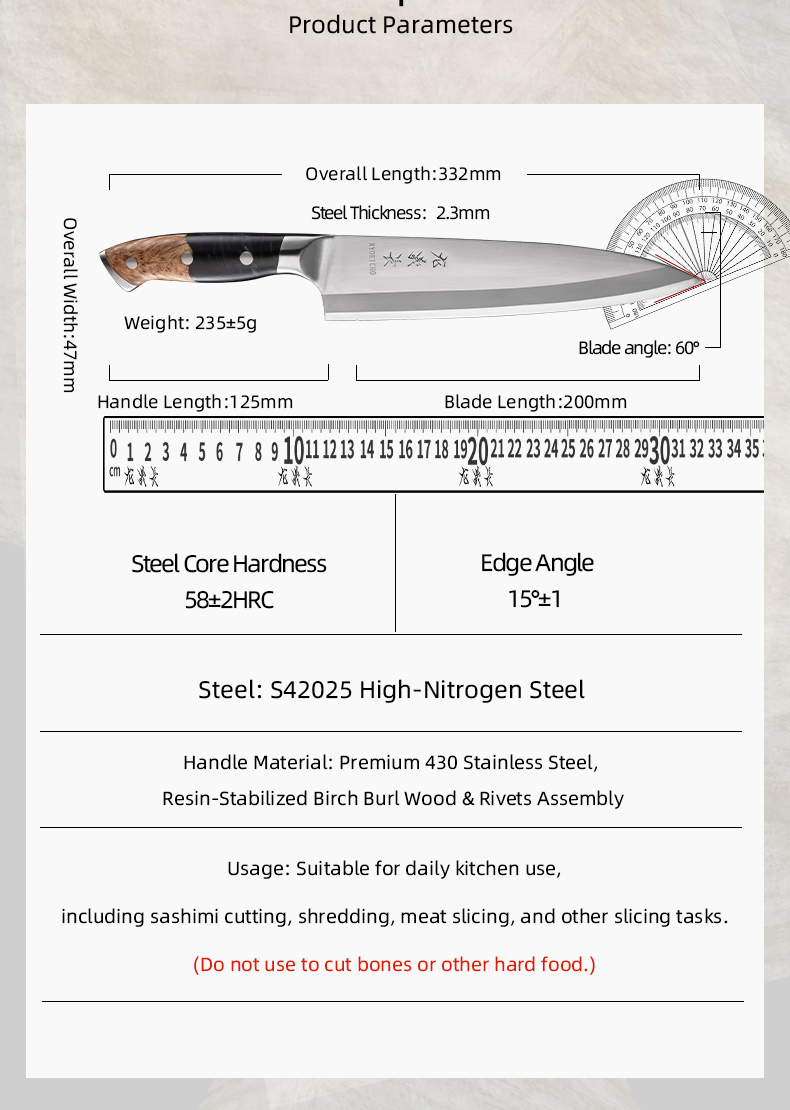 S42025 High Nitrogen Stainless Steel Gyuto Knife Hand-Forged Japanese Style Chef’s Knife