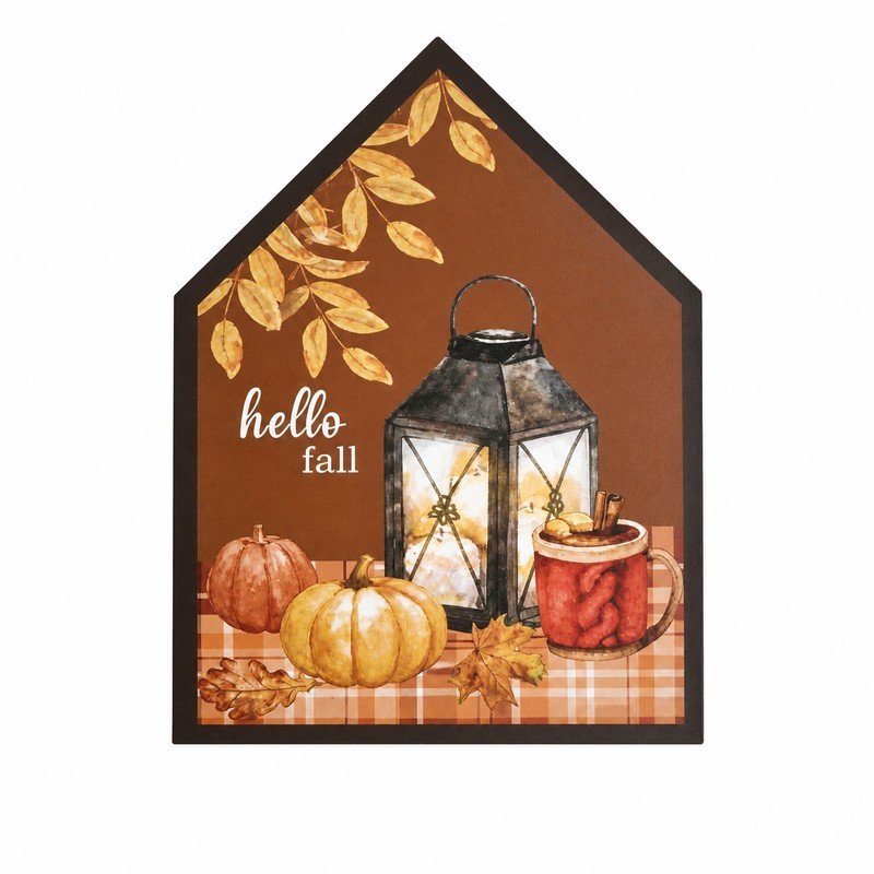 Hello Fall Lantern Pumpkin House Shaped Wall Sign