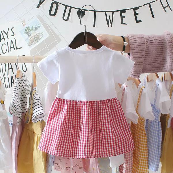 Black White Plaid Children'S Dress Clothing Round Neck Short Sleeve Dress With Bowknot