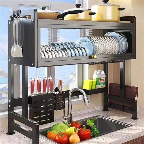 Carbon Steel Thickened Water Tank Sink Drain Rack  Large Capacity Black Over The Sink Dish Rack