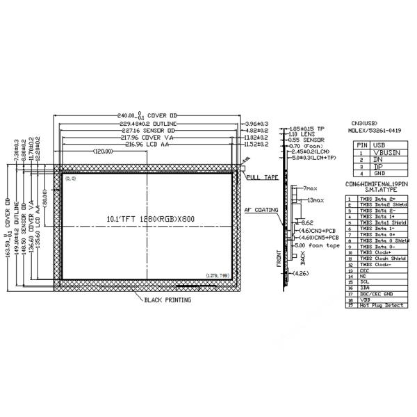 10.1 дюймовый сенсорный экран TFT дисплей, 1280x800 19 штифтов HDMI 230 CD/M2
