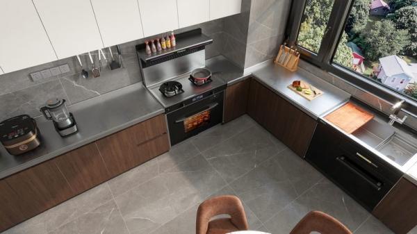 Elegant Wood Grain Finish L-Shaped Stainless Steel Kitchen Cabinet