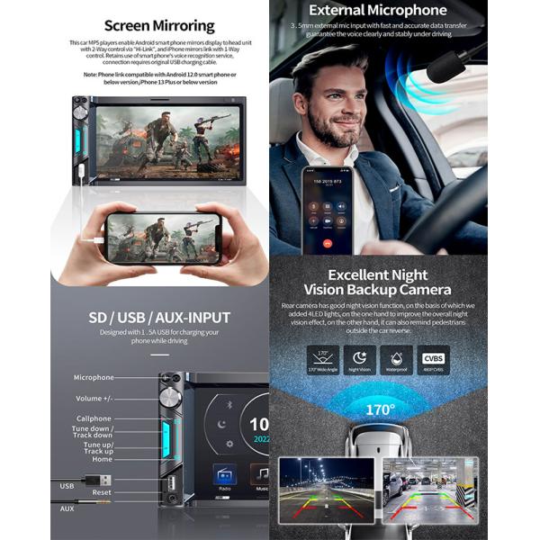 7 Inch IPS MP5 Car Stereo Mirrorlink AM FM High Definition Car Stereo Dual Camera