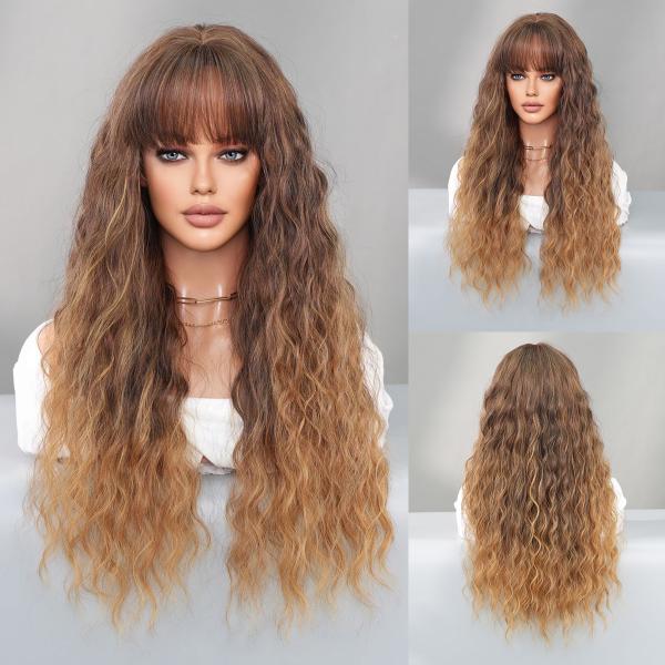 Fashion Long Deep Wave Two Tone Hair Brown/Blonde Synthetic Wigs For Women