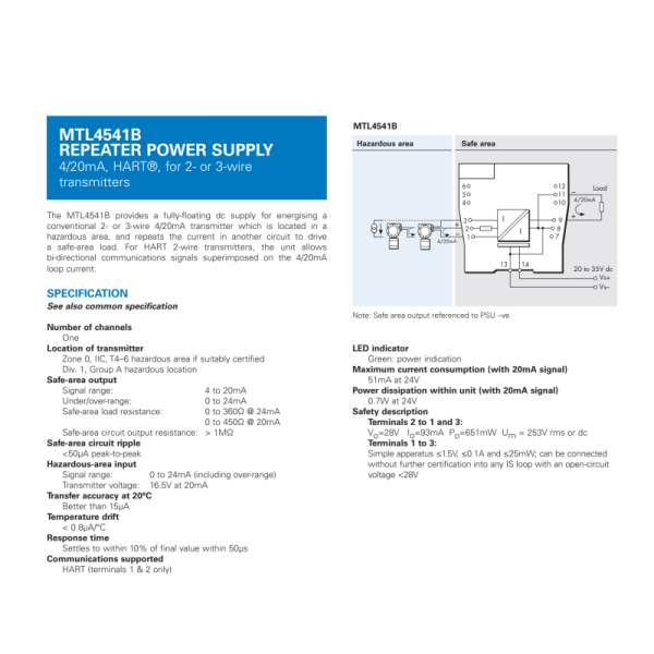 MTL4541B Eaton Repeater Power Supply Intrinsic Safety Barrier for 4/20mA Transmitter and HART 2-Wire Transmitters with Fully-Floating DC Supply
