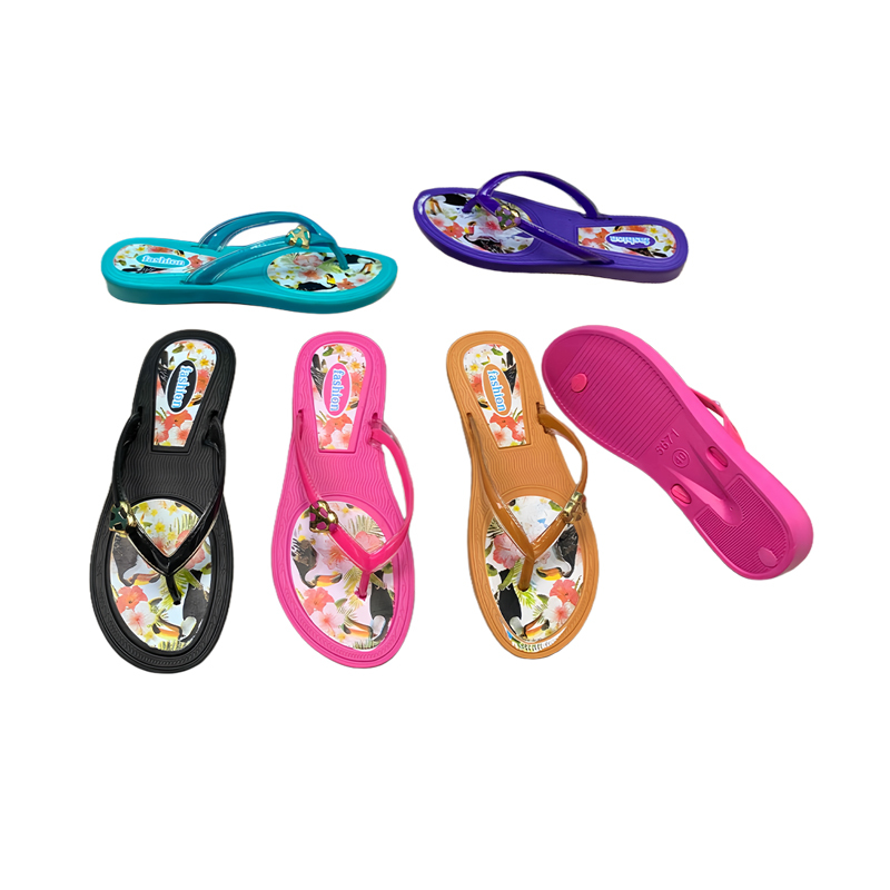 EVA Women Tropical Pattern Bead Decor Flip Flops Anti-slip Summer Beach Sandals