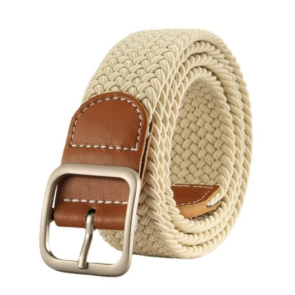 Canvas Woven Belt, Leather Trim Belt, Silver Buckle, Stretch Belt, Two-Tone Casual Belt, Versatile Belt for Jeans