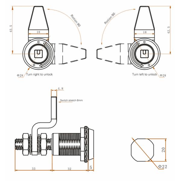 Abrasion Resistant Quarter Turn Stainless Steel Cam Lock For File Cabinets
