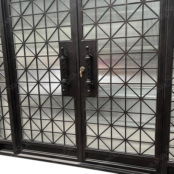American Style Luxury Front Entry Reed Glass Black Hand Crafted Iron Doors Entrance Wrought