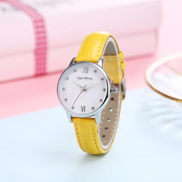 1.25 Inch Yellow Leather Strap Watch Ladies Quartz Waterproof