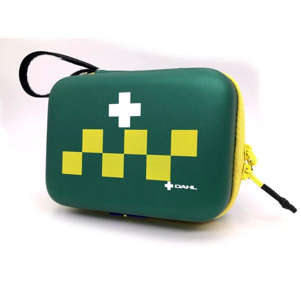 Medical Grade First Aid Kit Featuring EVA Hard Shell Case with Mesh Pocket Strap Lanyard and Metal Zipper Pull for Secure Storage