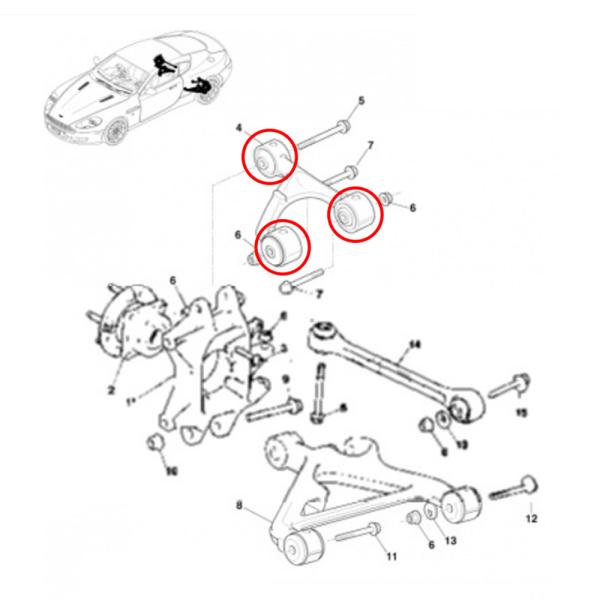 6PCS For Aston Martin Rear Upper Control Arm Bushing Kit OEM 6G335K742AA 6G335K743AA 4G435K742BC 4G435K743BC