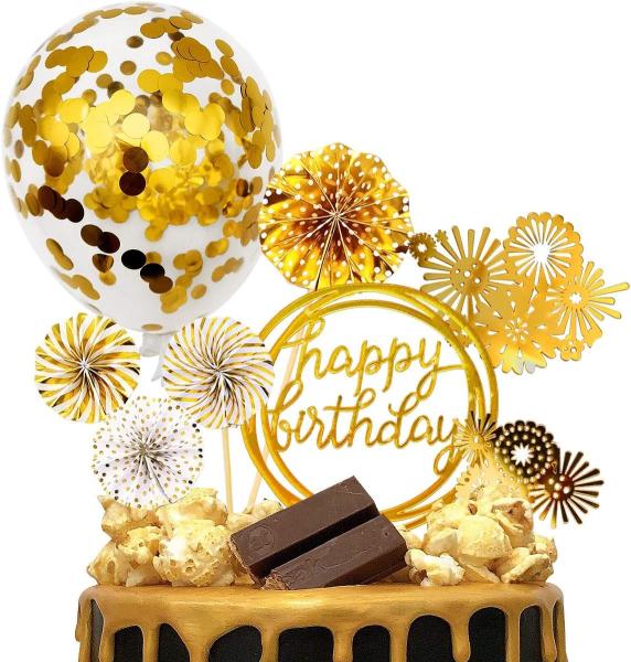Birthday Paper Fans Banner Confetti Balloon Fireworks Golden Cupcake Topper For Gold Theme Party Decor Girl Boy Kid