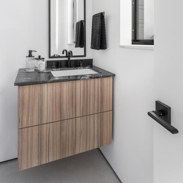 Single Sink Wood Grain Bathroom Vanity Wall Mounted Surface Handless Cabinet Light