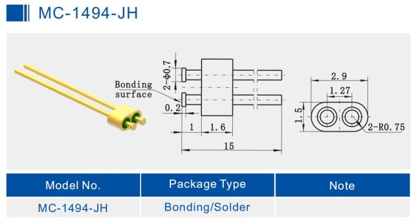 2-Pin Nail Head Glass To Metal Hermetic Seal Header With Gold Wire Bonding Surface MC-1494-JH
