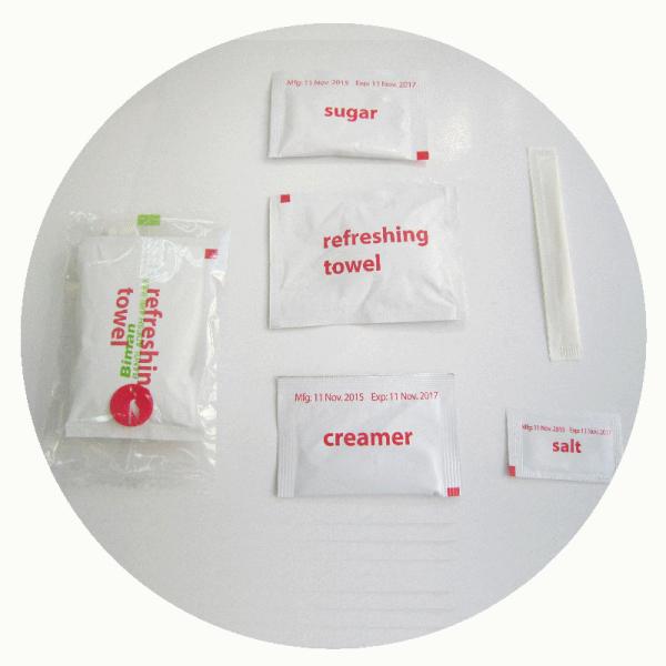 AIRLINE CONDIMENTS PACK, CONDIMENTS FOR AIRLIINE, SUGAR, SALT, PEPPER, CREAM, CANDY, TISSUE