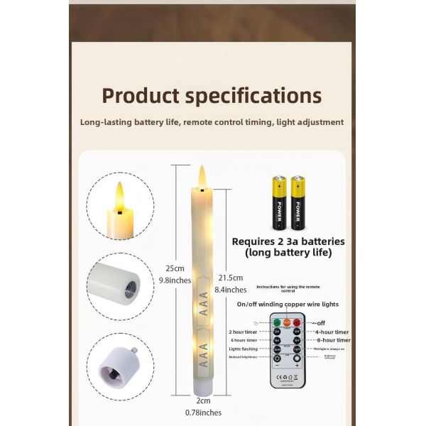 Warm Yellow Electric Taper Candles Remote Control Taper Candle With Timer