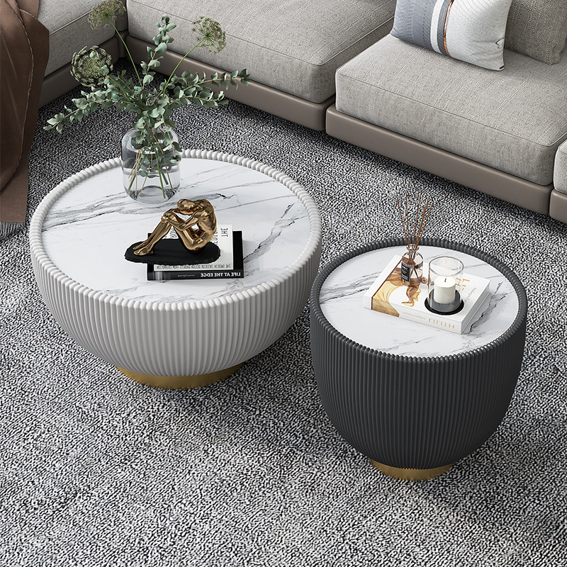 Modern Design Iron Frame Sofa Side Table with Sponge PU Base Bowl-Shaped Rock Plate Top for Tea Coffee Living Room Furniture