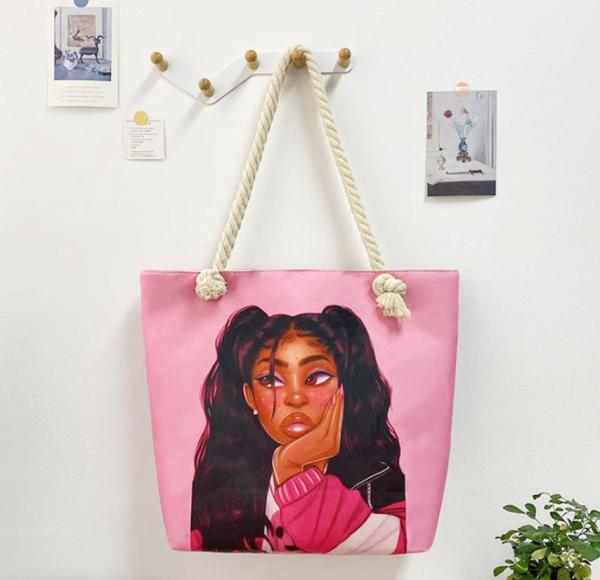 Mulheres afro-americanas Negro ombro de poliéster de lona bolsa de mão bolsa de trabalho portátil de praia com fecho