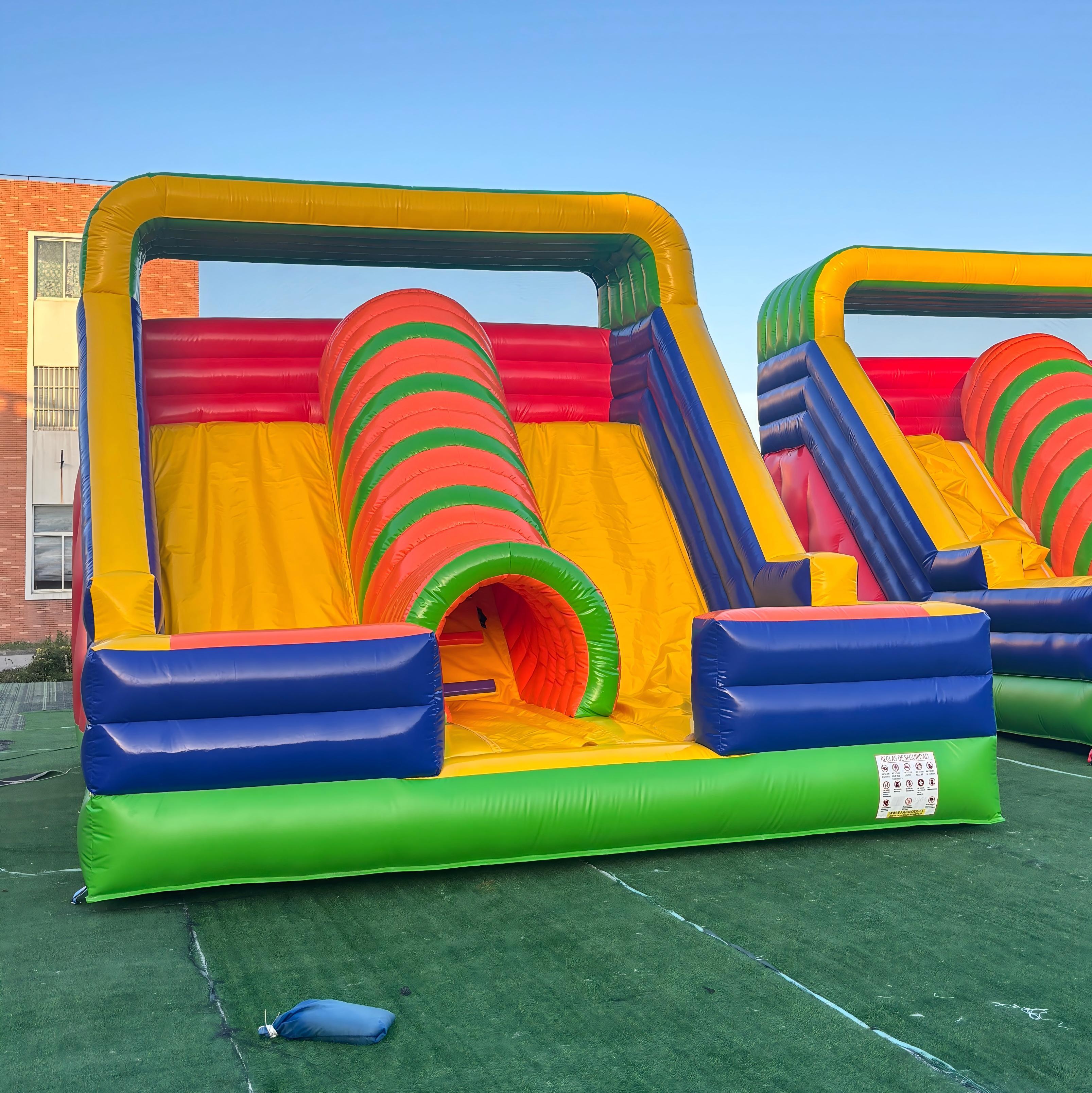 Commercial Inflatable Slide Obstacle Course with Climbing Lane Crawl Tunnel and Bright Colors for Children Event Rentals