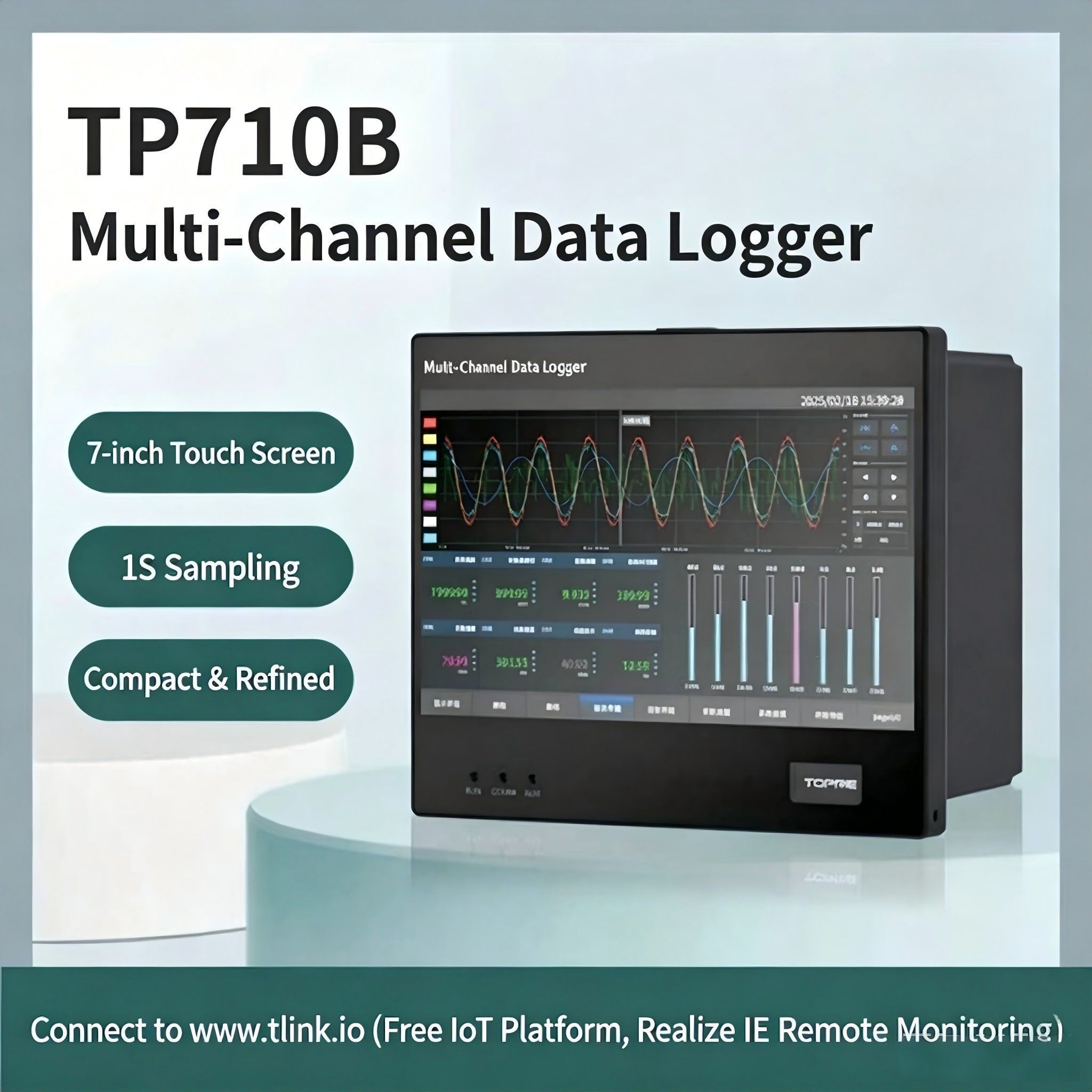 Toprie Industrial 7 Inch Data Logger 8-32CH with Color Display 4-20mA 0-10V Analog Input Embedded Paperless Recorder