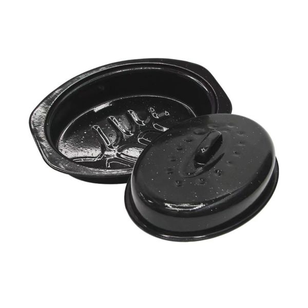 Black Handmade Enamel Oval Roasters With Stainless Steel Rack Customized Logo