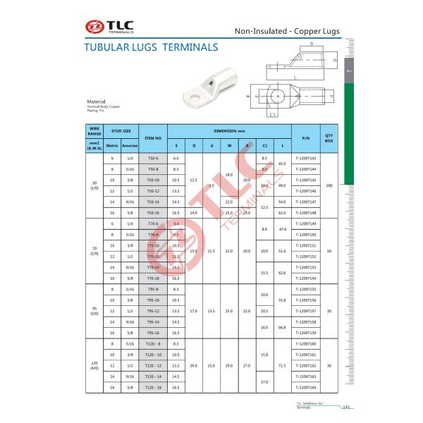 0.5-120mm2 Tin Plated Tubular Cable Lugs For Electrical Connections
