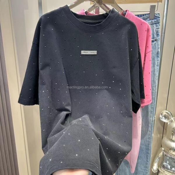 250Gsm Mens Rhinestone T Shirts Unisex Cotton T Shirt With Vintage Wash Oversized Fit In Pink Acid Wash