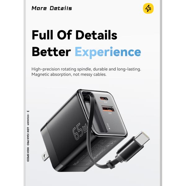 ESSAGER ES-CD49 Series 2 Ports 65W GaN Charger USB Wall Adapter Private Mold and Rated Power 100V-240V AC