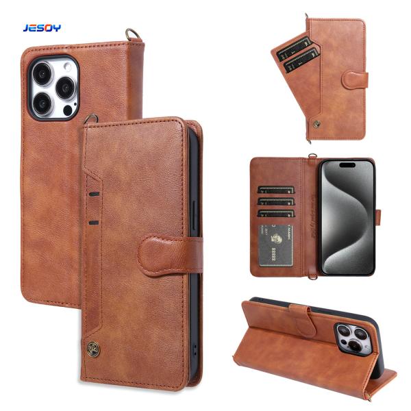 OEM / ODM Cell Phone Wallet Stand Brown Flip Cell Phone Covers With Strap