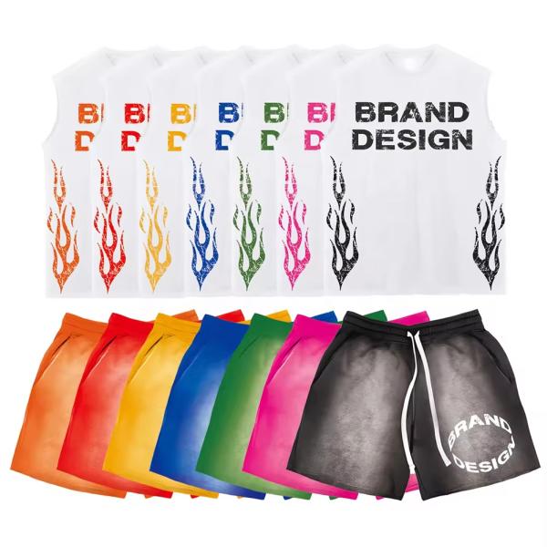 Acid Wash Short Set Vintage Streetwear Impresión de pantalla Drop Shoulder Baño de algodón T-shirt masculino Conjuntos de camisetas sin mangas y pantalones cortos