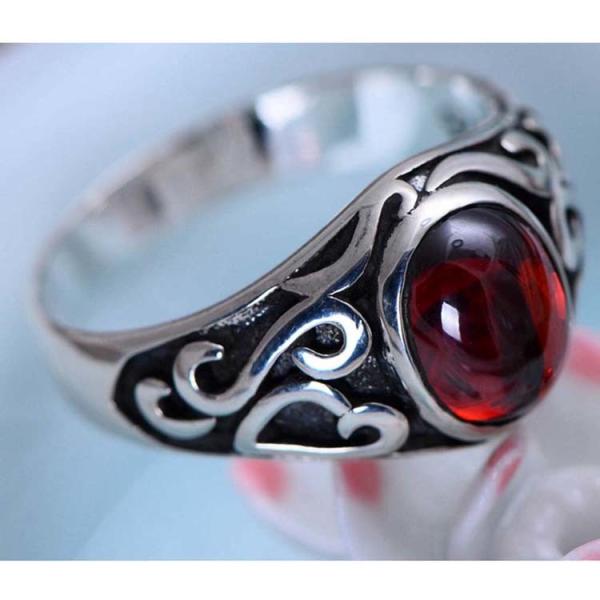 Thai Retro Sterling Silver Oval Created Garnet Ring For Men (013682)