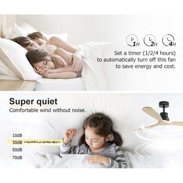 Ventilador de teto de motor de corrente contínua de economia de energia com lâminas de madeira natural e controle remoto inteligente