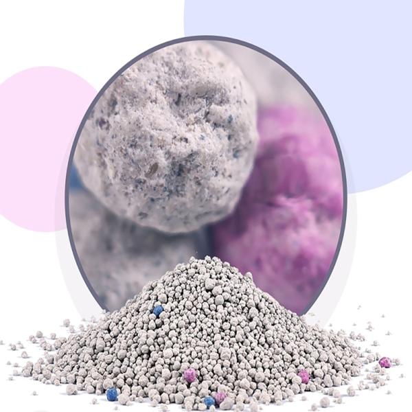 Litière agglomérante pour chats en bentonite sans poussière avec granulés désodorisants colorés et parfum