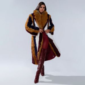 Shawl Collar Striped Patchwork Faux Fox Fur Long Coat