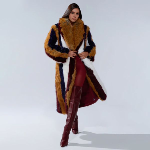 Shawl Collar Striped Patchwork Faux Fox Fur Long Coat