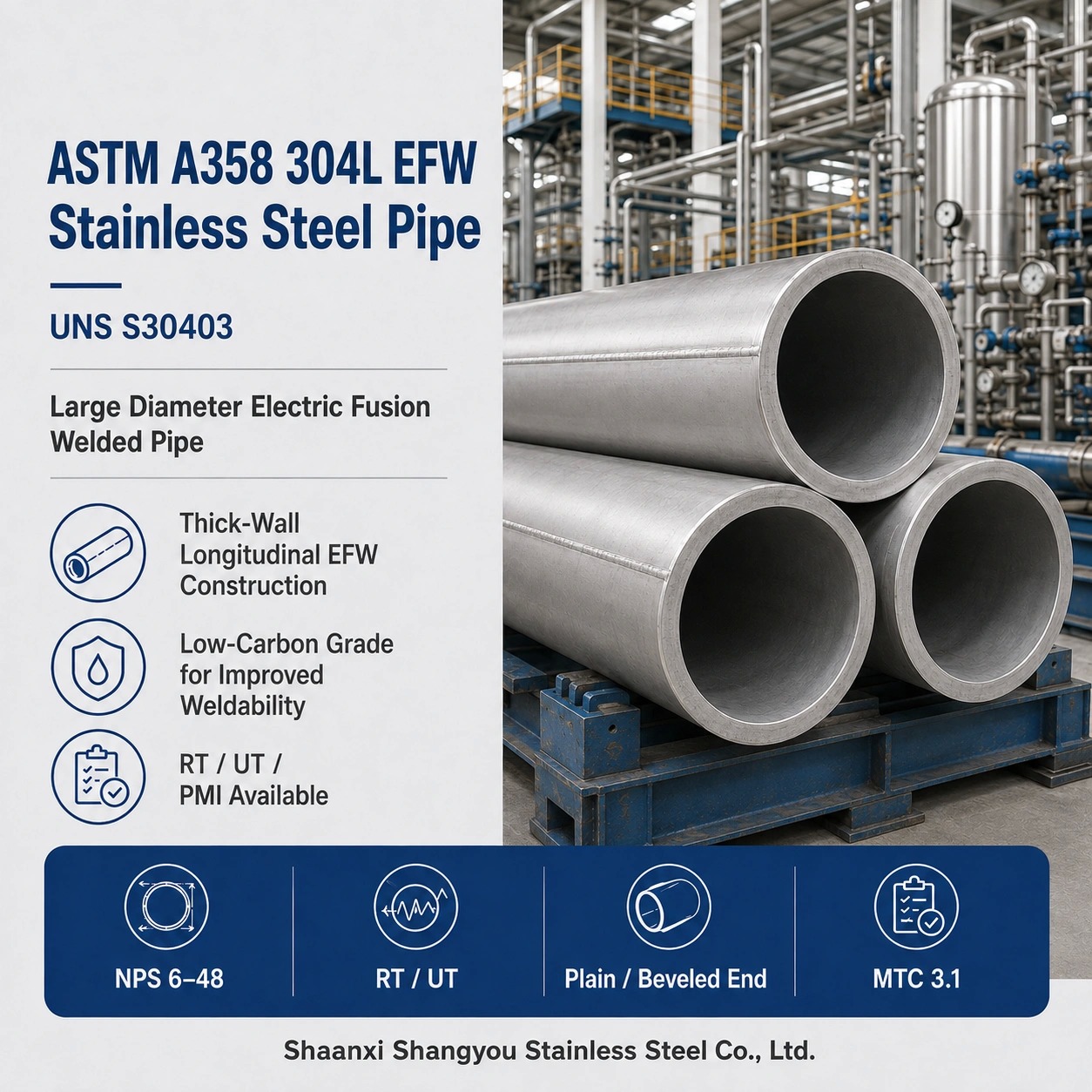 ASTM A358 TP304L EFW Stainless Steel Pipe Class 1 Double-Welded for Large Diameter High-Temperature Service