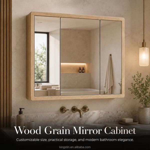 Kingstin Durable ABS Bathroom Mirror Cabinet, 3-Door Wall-Mounted Storage with Custom Size for Hotel Projects