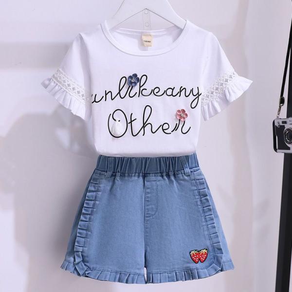 Flower Strawberry Primary Children'S Clothing Girls Denim Suit For 100cm