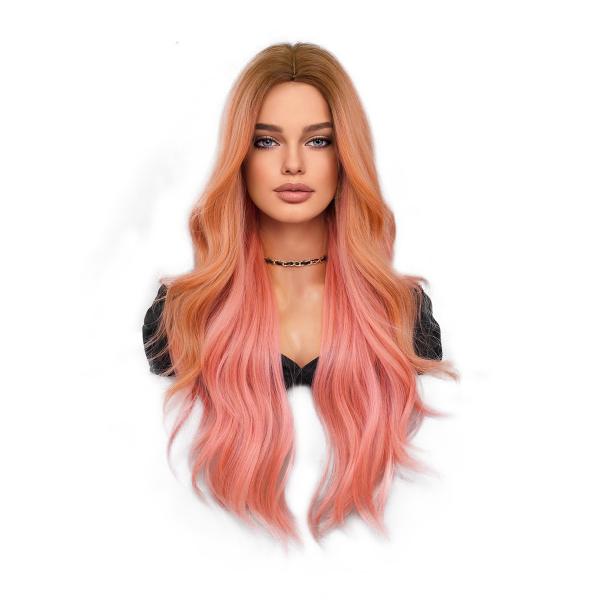 Fashion Long Body Wave Dark Root Hair Pink Synthetic Wigs For Women