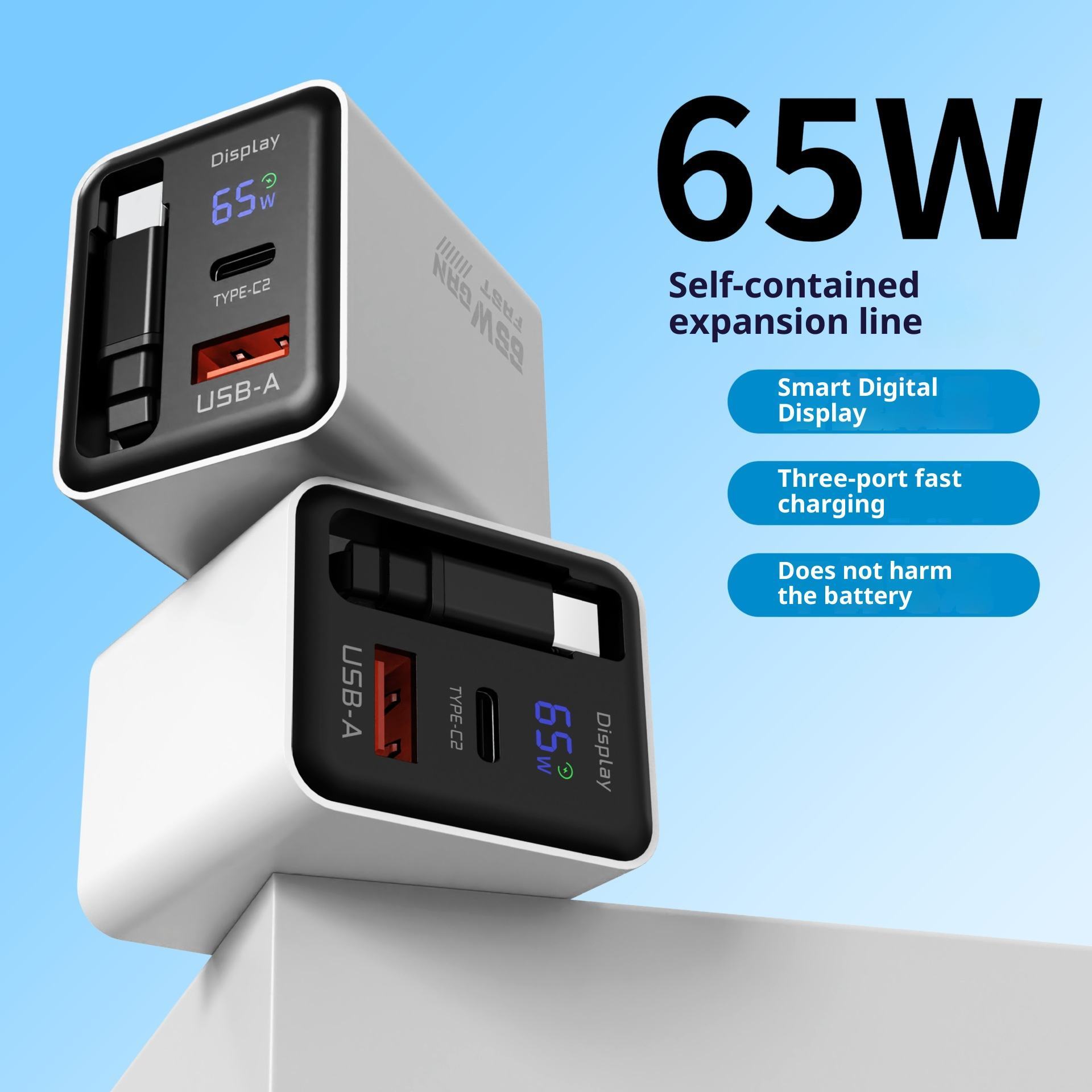65W PD3.0 QC3.0 Charger Car Charger with retractable Cable USB Type output EU US UK Plug Available