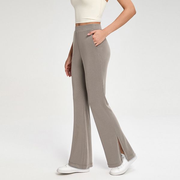 Women's Taupe High Waisted Flare Yoga Pants Soft Stretch Side Slit with Pockets